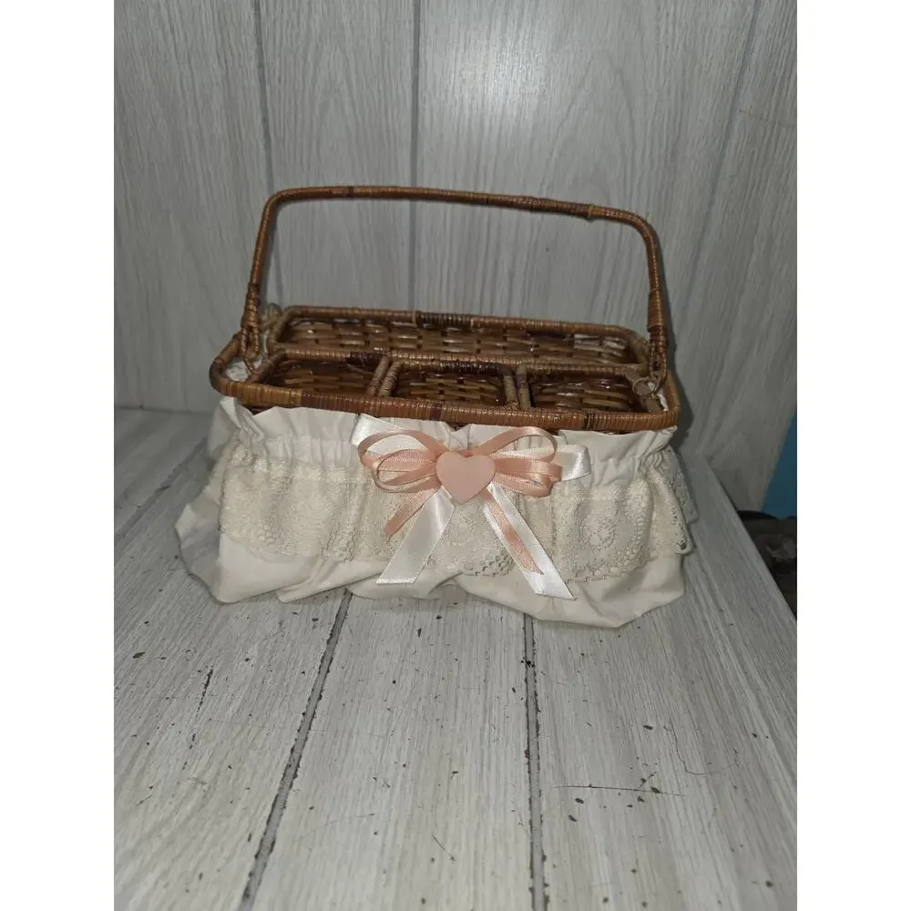 Vintage Wicker Basket Storage Caddy Silverware Picinic Organizer Heart Lace Bow